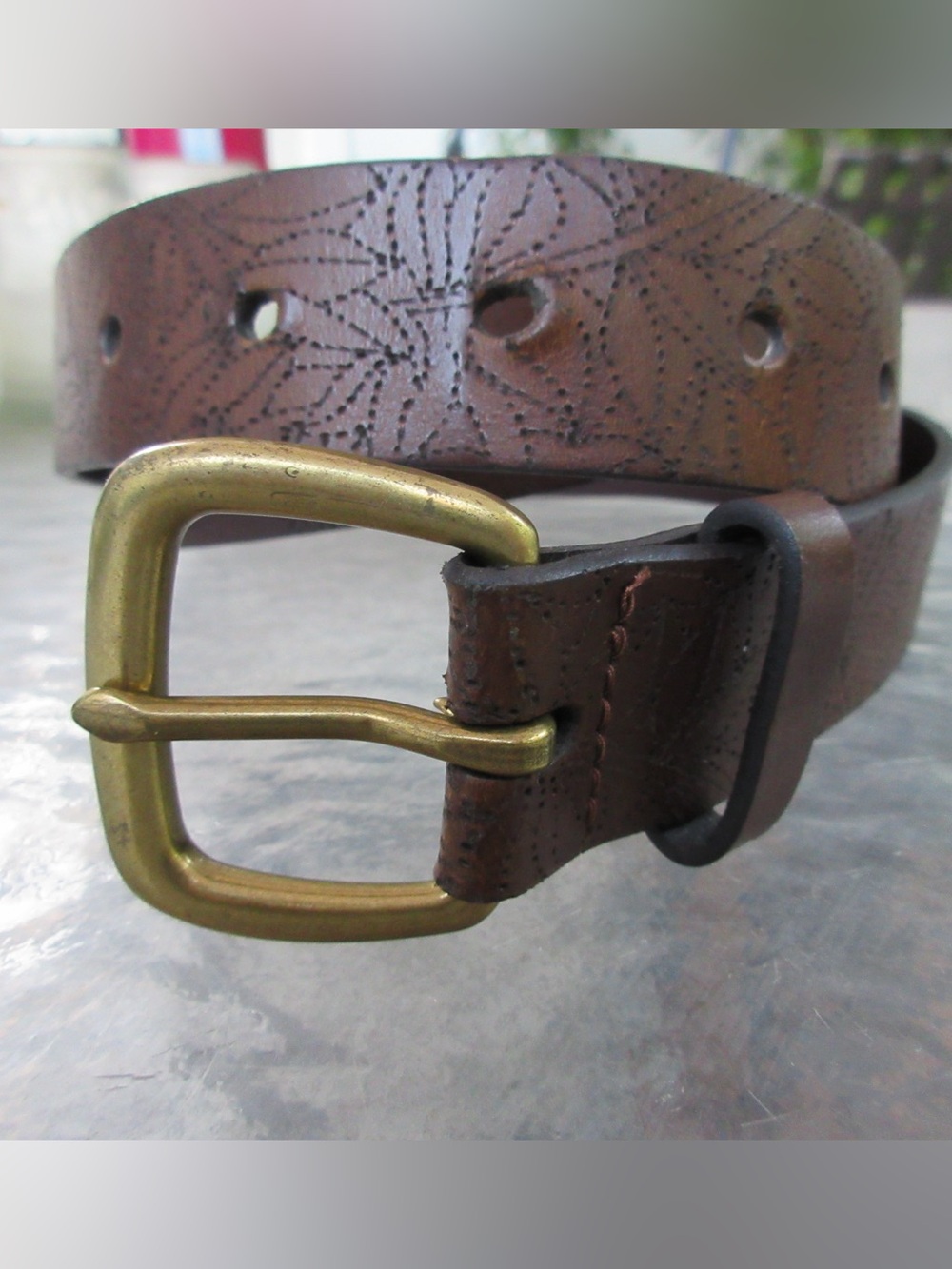 Women's Brown Leather Belt with Floral Embossing and Brass Buckle
